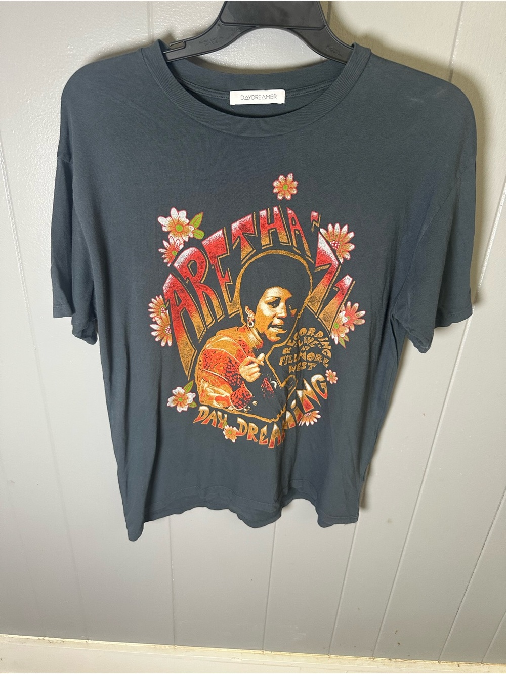 Daydreamer dark gray Aretha Franklin Graphic Tee with Orange Floral Accents